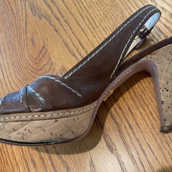 Prada Brown Leather Cork Wedge Sandals Size 36.5 (6 1/2) - Slingback Peep Toe - Picture 8 of 16